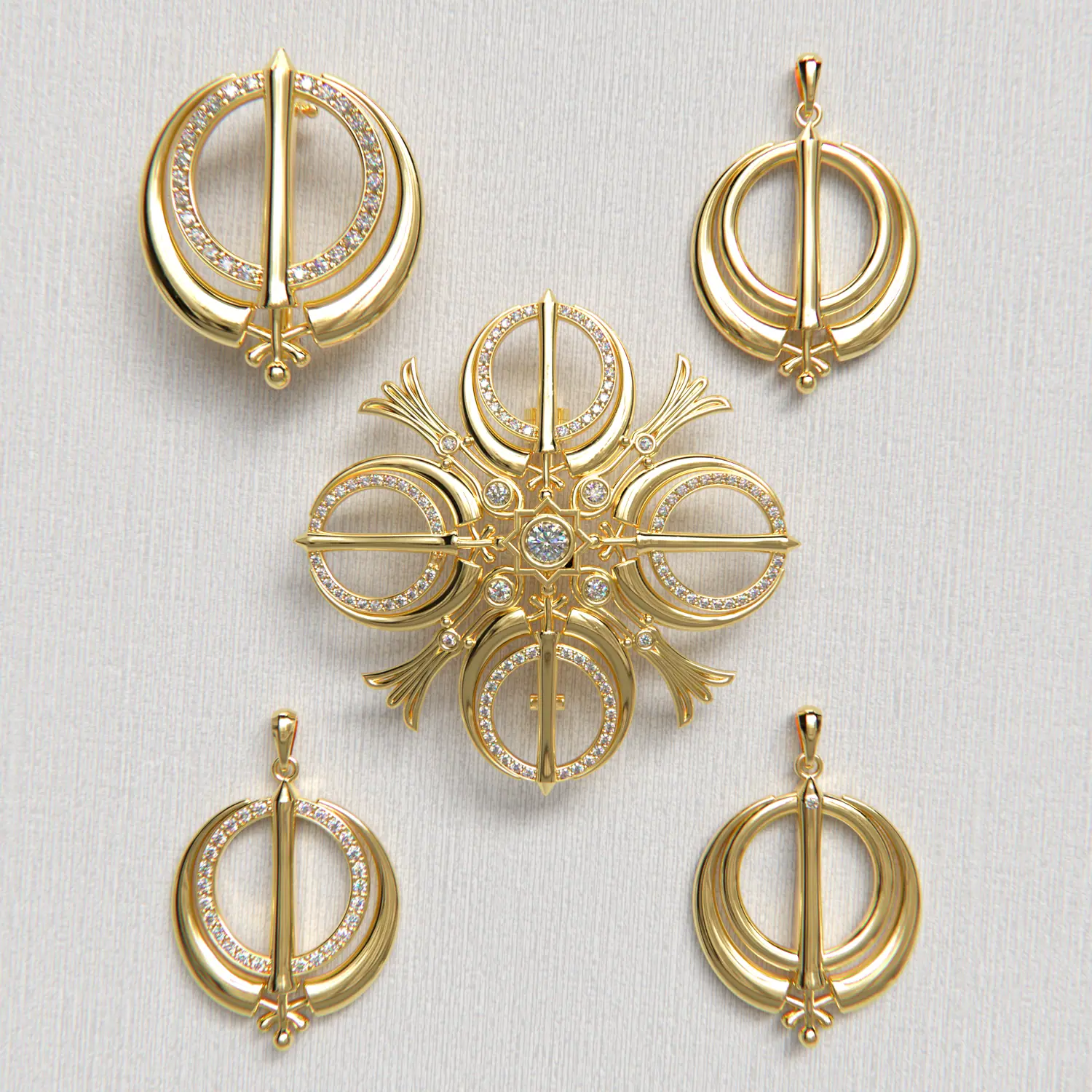 Gold brooch, pins and pendants from the Adi Shakti collection, rendered from above
